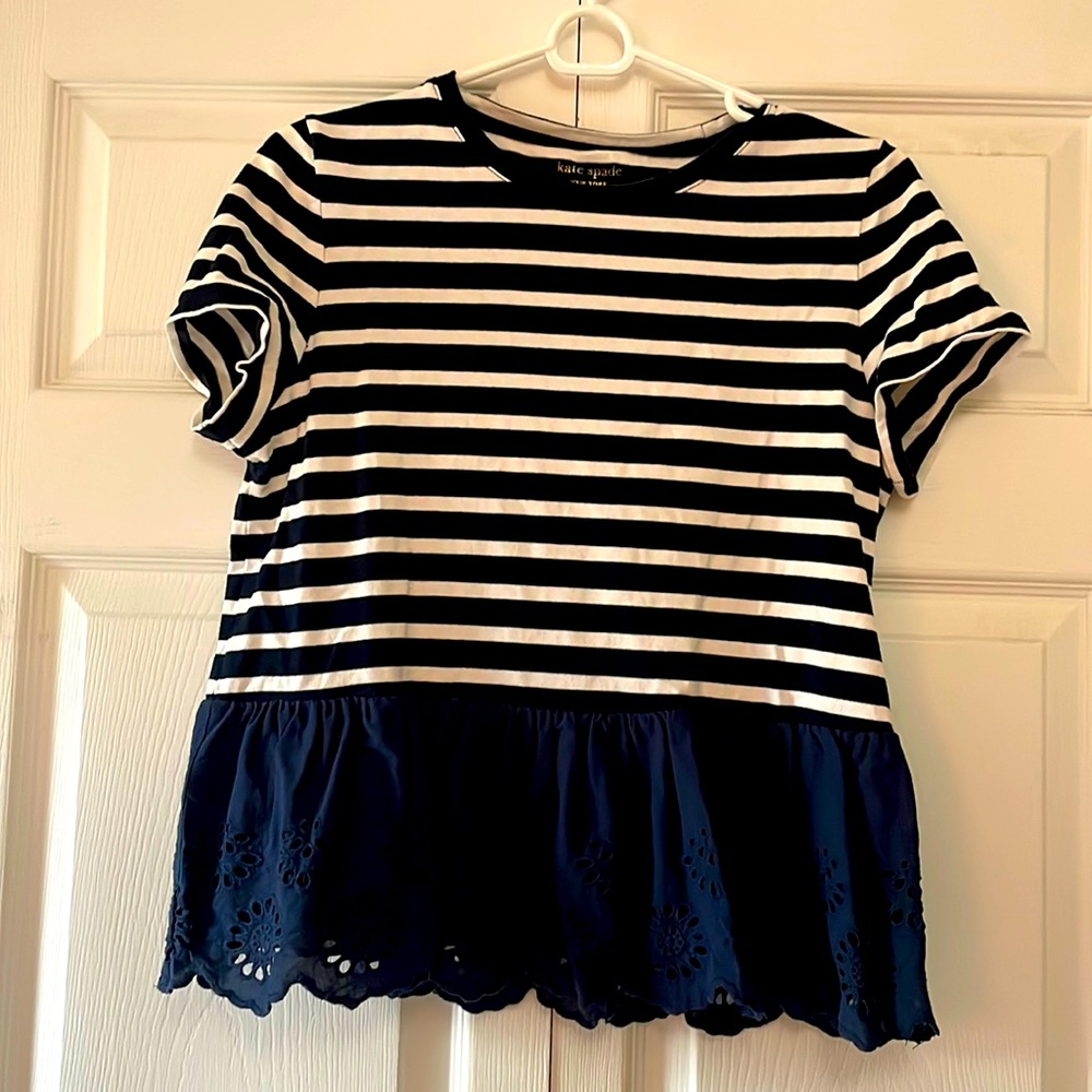Kate Spade size medium navy and white striped tee with lace peplum detail.